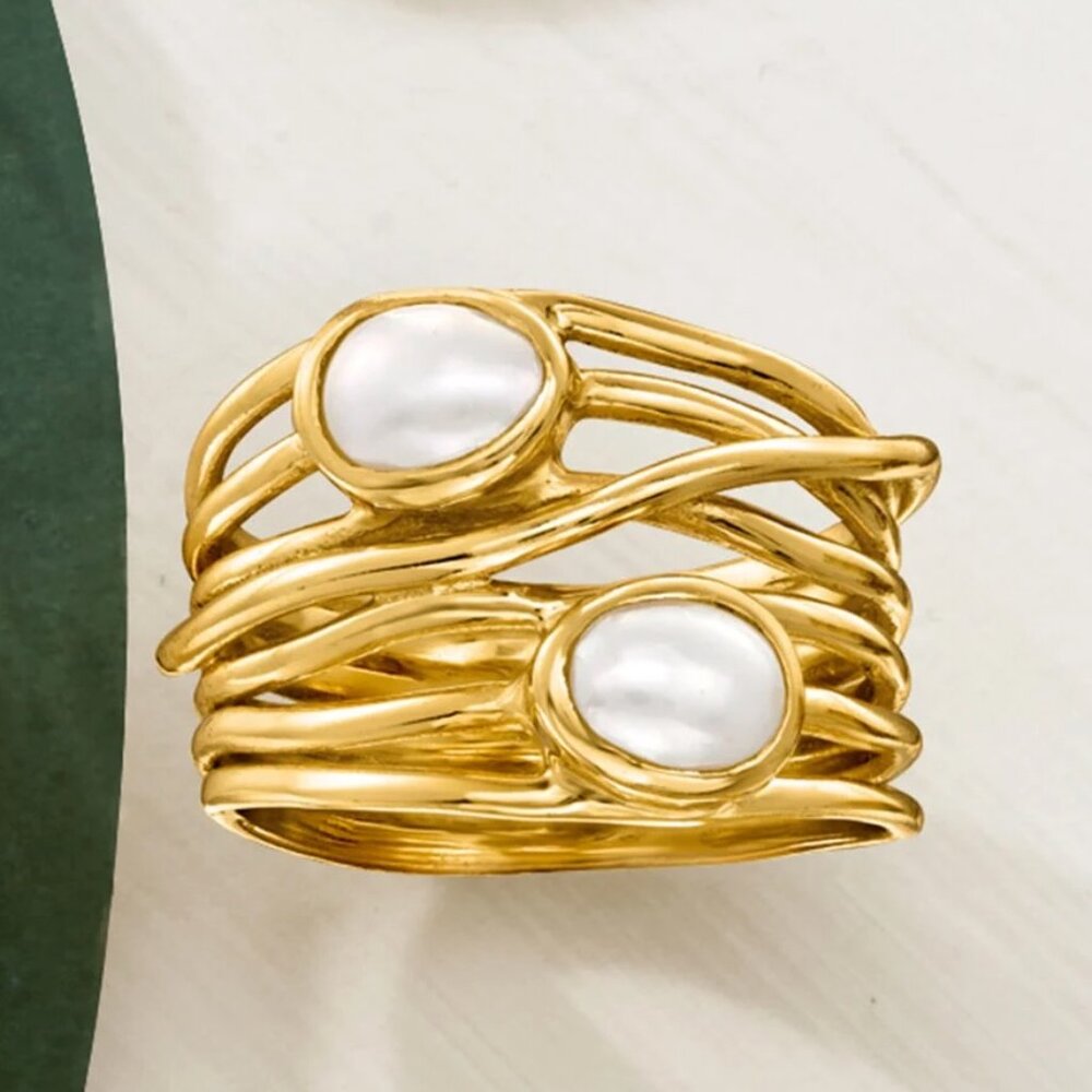 Organic 18kt Gold Plated Cultured Pearl Highway Ring Size 7.5